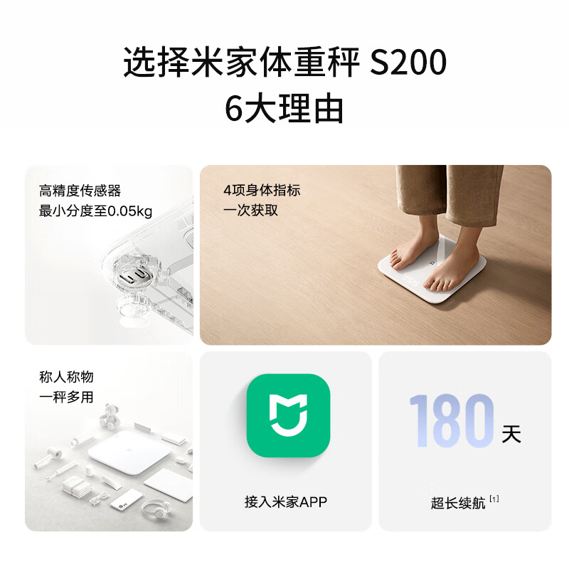 米家（MIJIA）小米智能体重秤S200 白色 双接家用健康秤电子秤 人物双模式 APP数据测量 智能分析 体重管理